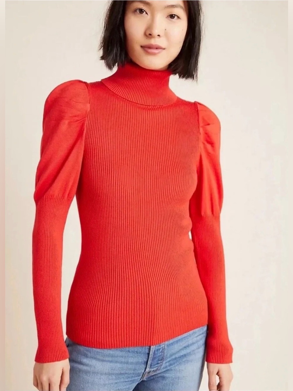 Anthropologie Women's Red Puff-Sleeve Turtleneck Sweater